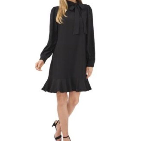 CeCe Tie-Neck Ruffled-Hem Dress in Rich Black 12 NWT - Picture 1 of 2